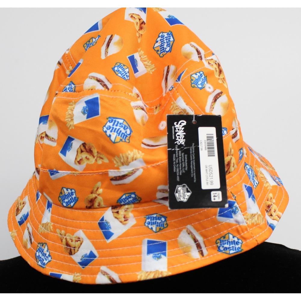 White Castle Spencer's Orange Bucket Hat Sliders Fries Onion Rings Novelty NWT